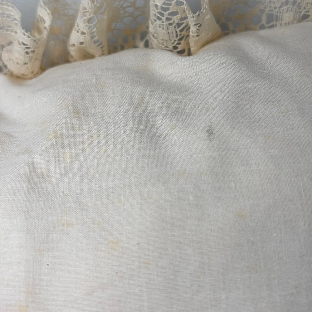 Vintage Handmade Embroidered Floral Lace Trim Throw Pillow Cottagecore Cream